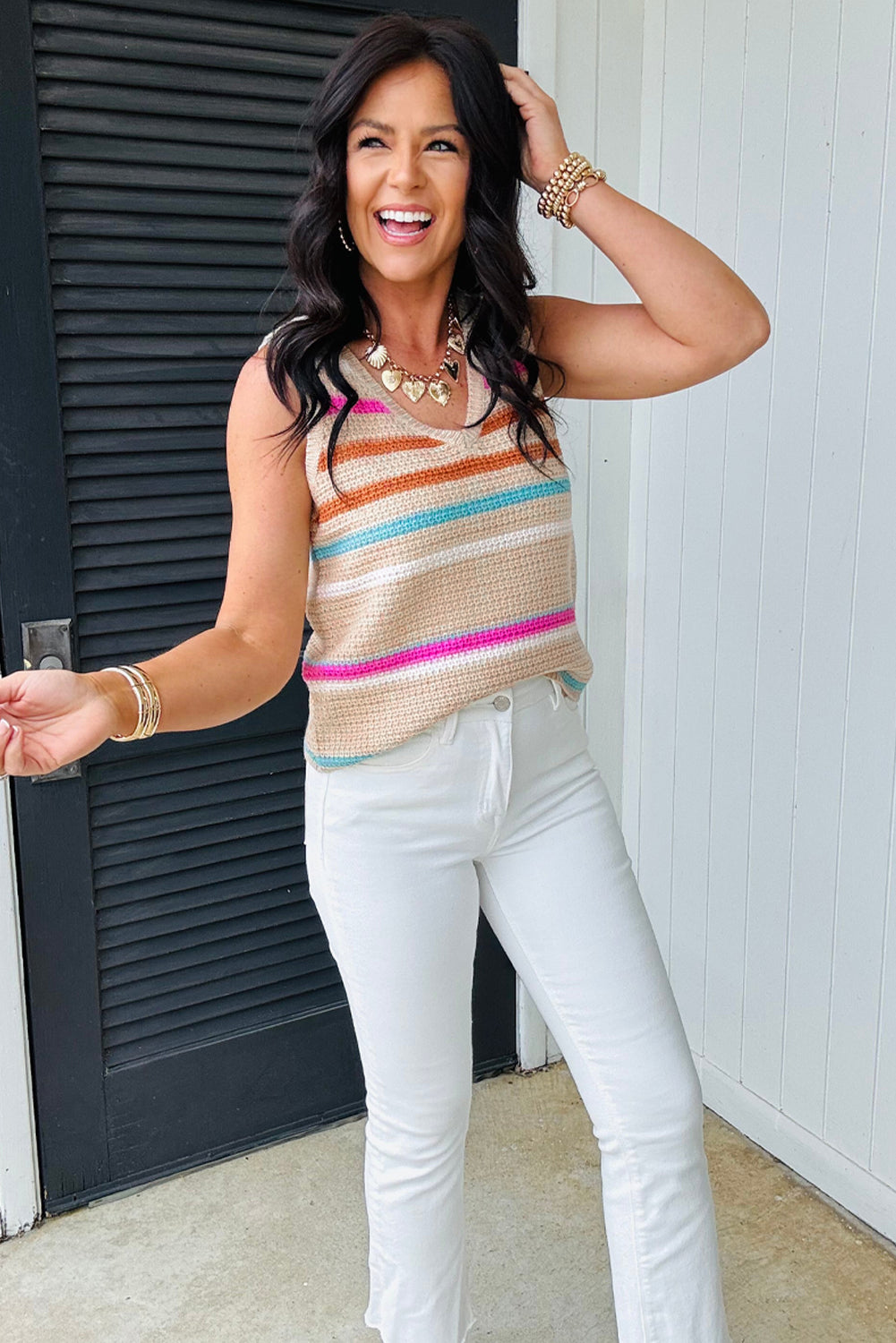 Khaki Stripe V Neck Textured Knit Vest 2b5c17fb71c447e0