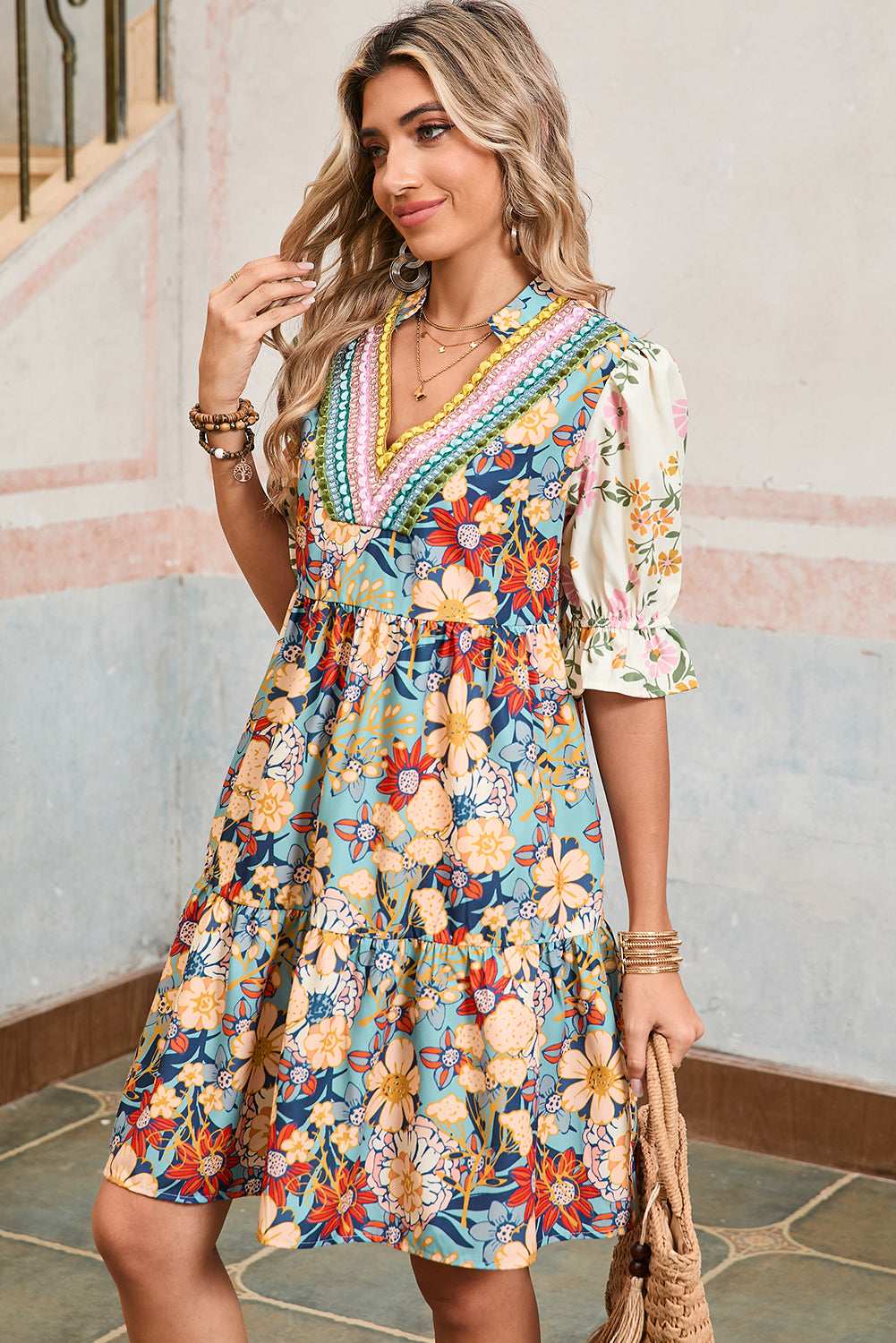 Multicolor Allover Floral Print Tiered Pop of Color Neckline Dress 2b699cd3ad3d098c-_3