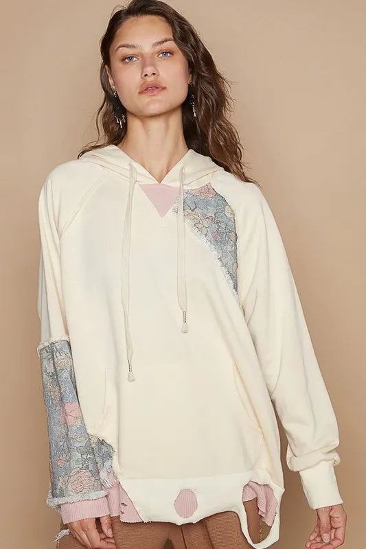 POL Floral Patchwork Distressed Drawstring Hoodie Cream 2b7b6821-844d-4f15-9236-cea2d360fd17-Max