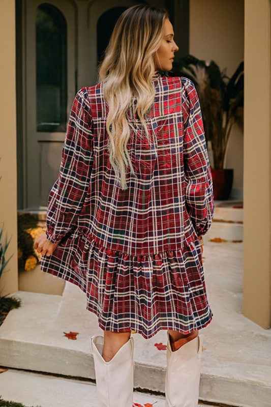 Plaid Frilled Collar Long Sleeve Mini Dress 2b886b1f-1189-4949-8e78-a99a2cc7998d