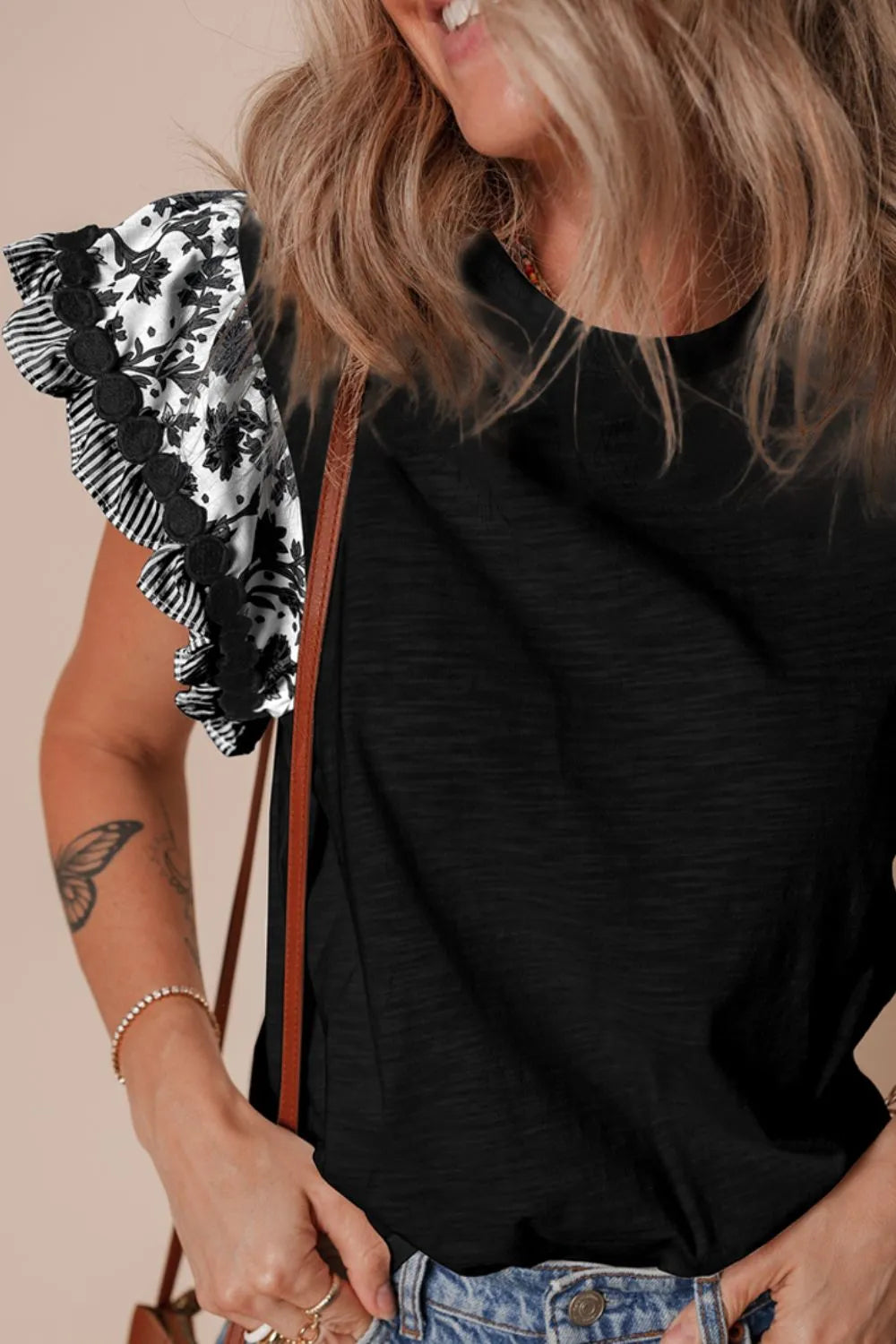 Round Neck Printed Ruffled Cap Sleeve Blouse 2bb78569-8158-4bd2-aeb8-46ae7284a0fb-Max