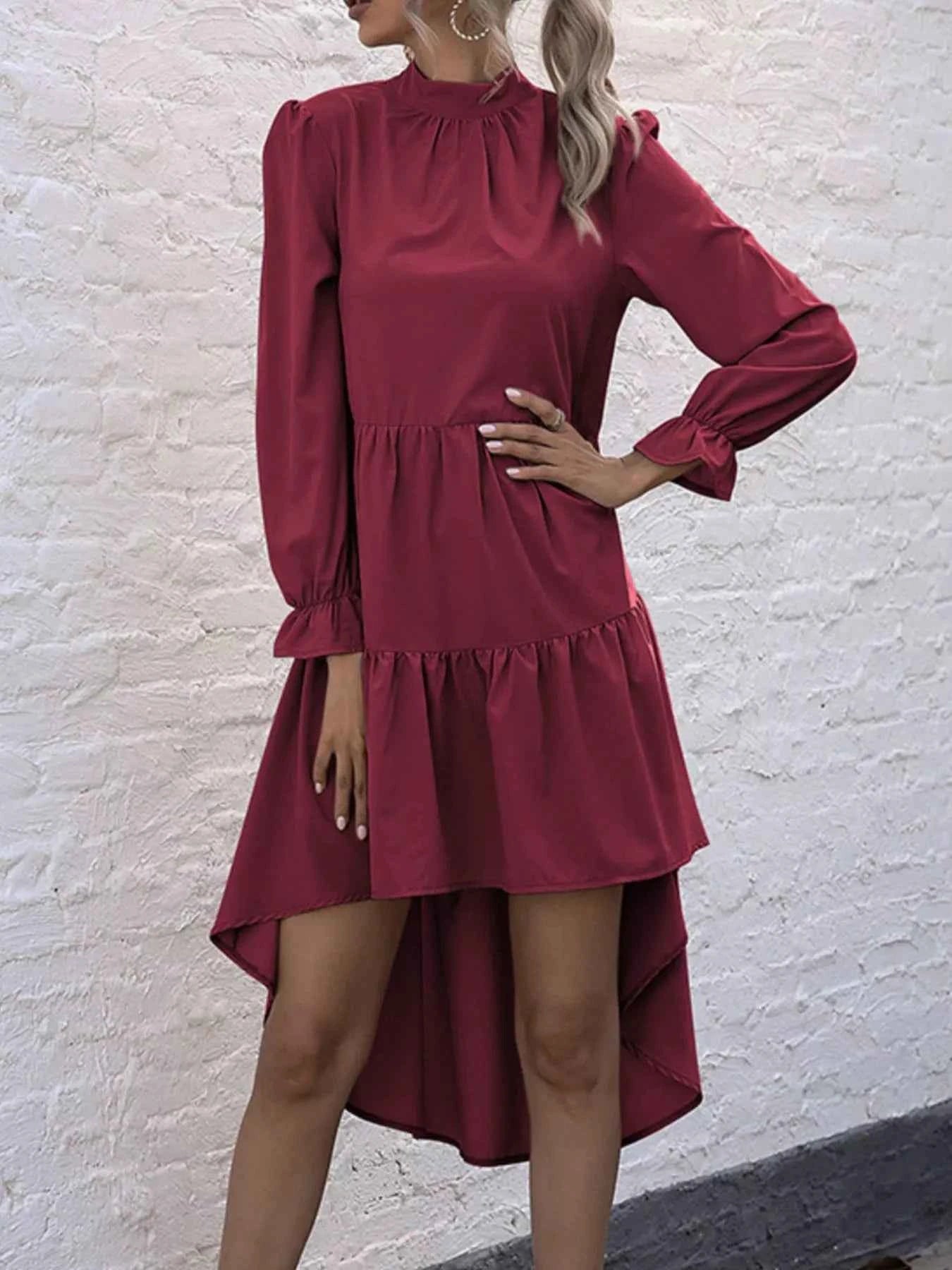 High-Low Flounce Sleeve Dress Burgundy 2bba3e47-565c-4763-8be4-2a91d8c008a2-Max-Origin