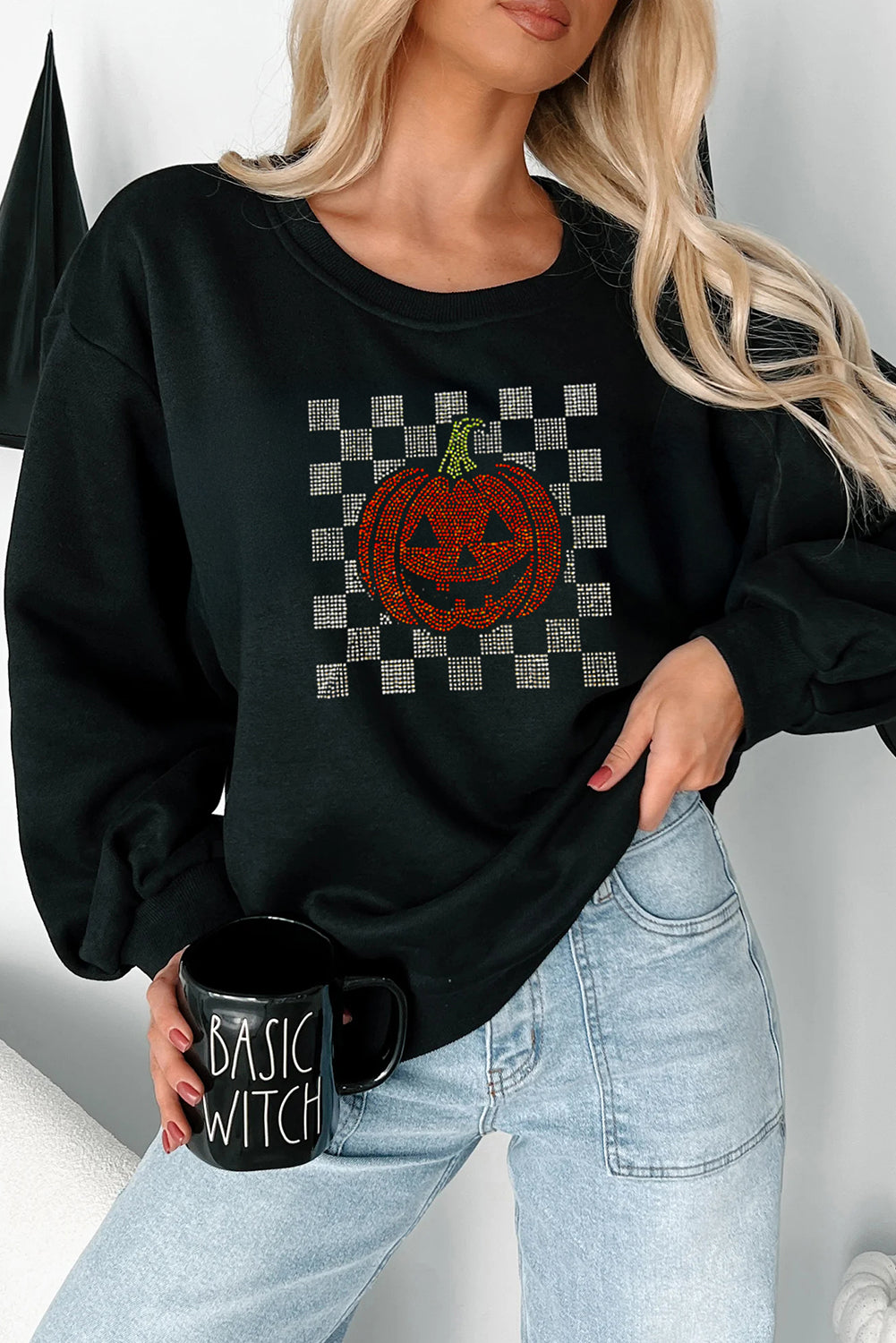 Black Jack-o-lantern Checkered Rhinestone Transfer Graphic Halloween Sweatshirt 2bccbcc13cd3b144