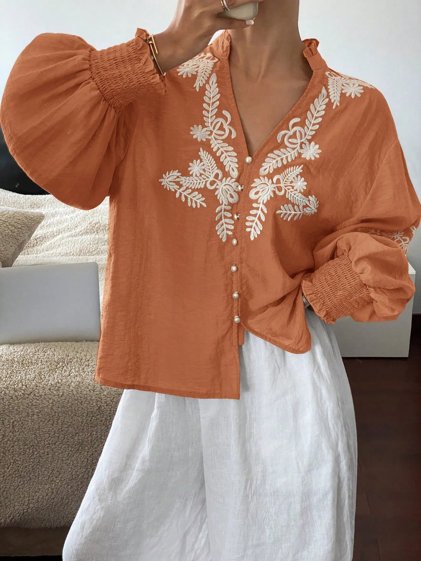 Embroidered Lantern Sleeve Blouse Orange 2bcd0aaa-4988-4b45-86a0-e81d50f073e9-Max-Origin