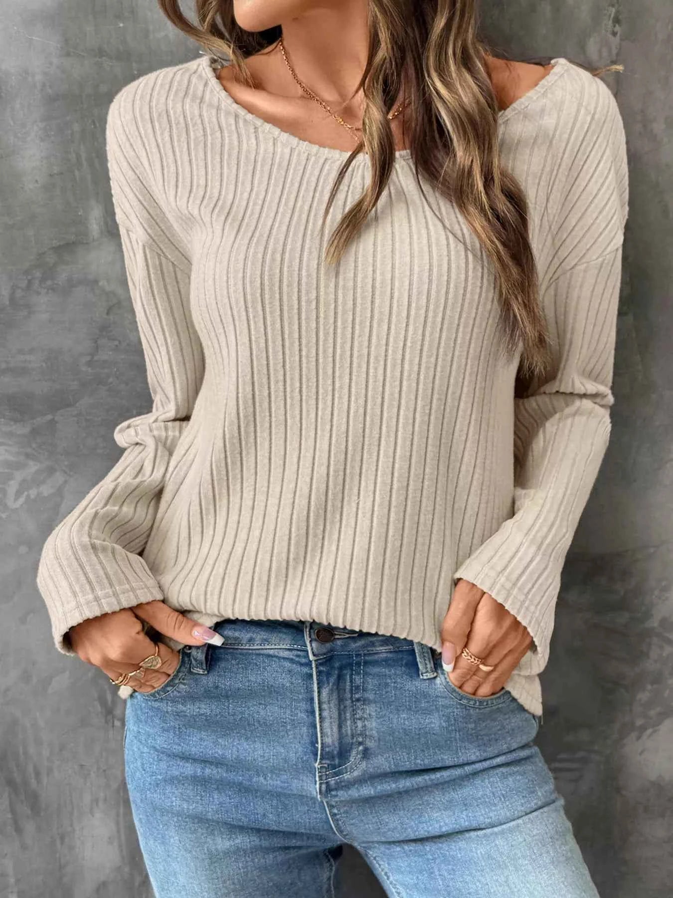 Lace Detail Ribbed Knit Long Sleeve T-Shirt Khaki 2bd75bdc83f54c65be6a9037ec0cb771-Max-Origin