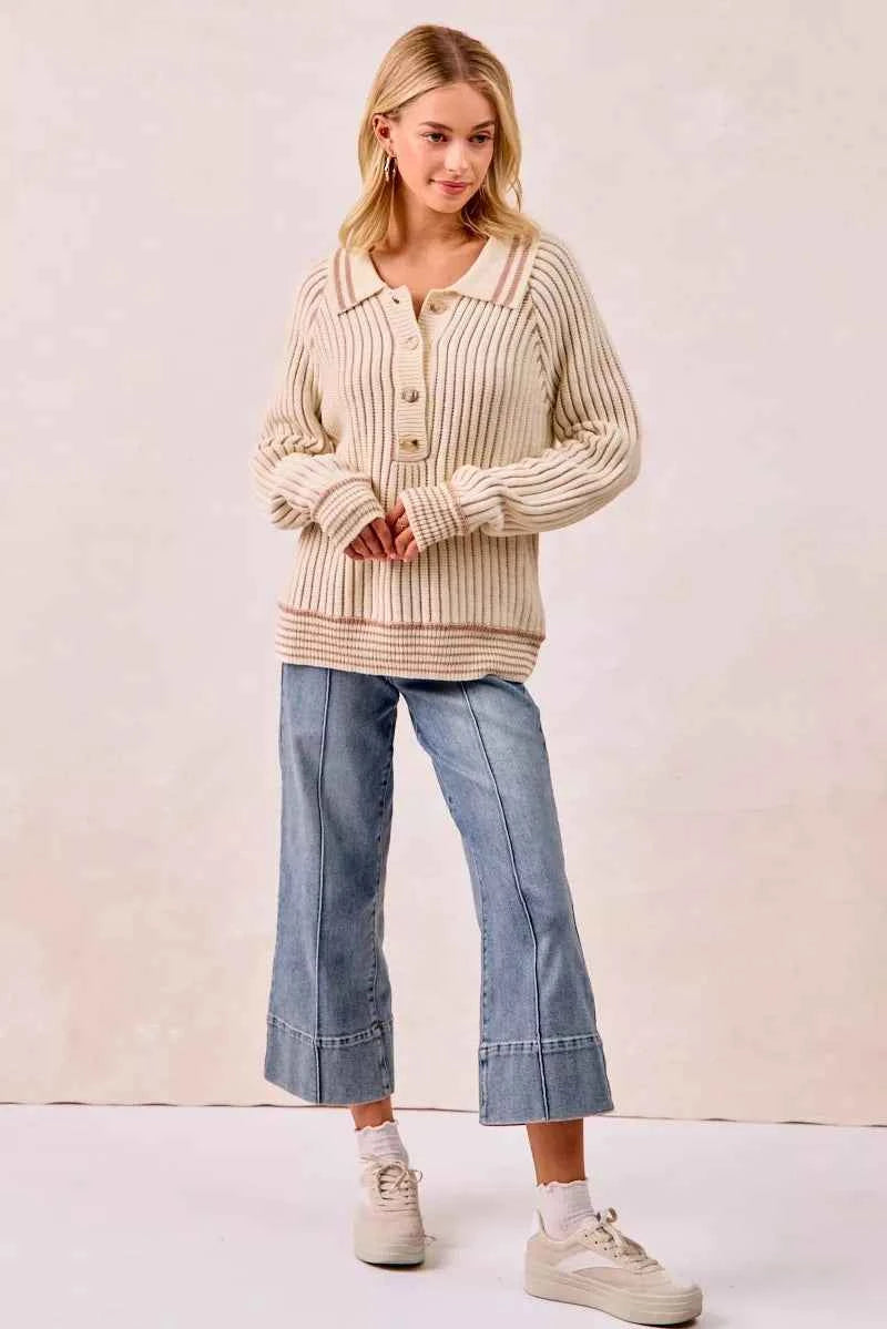 BiBi Half Button Ribbed Two Tone Sweater 2bd94910b3934a338ddde2c12cdefee4-Max-Origin