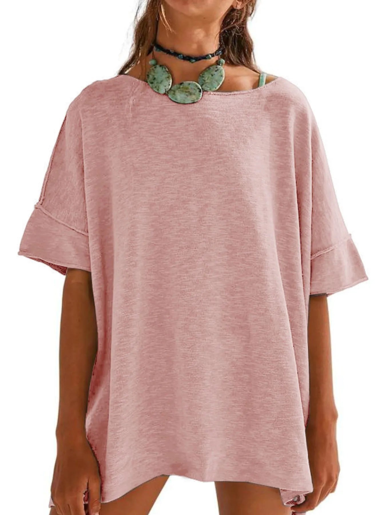 Oversized Round Neck Drop-Shoulder T-Shirt Pink 2be61bb2-685b-4797-a58c-1b5b3b66f097-Max-Origin