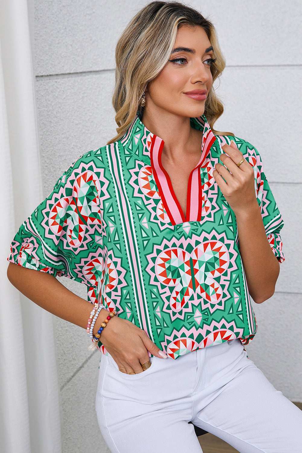 Sea Green Boho Geometric Print Pop of Color Neckline Blouse 2be9b4a382eb54c5-_3