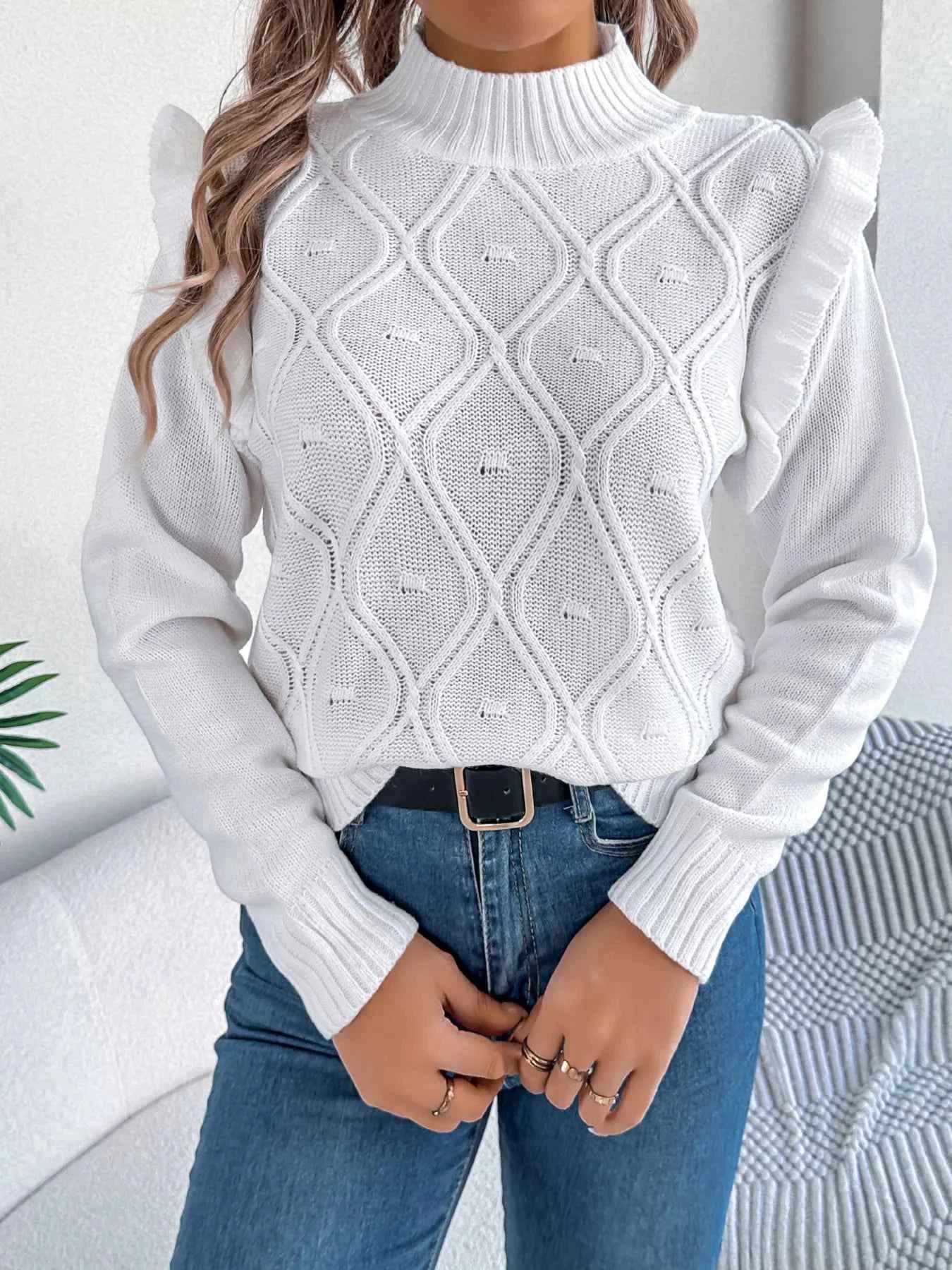Mock Neck Ruffle Trim Long Sleeve Sweater 2bf028a683c64a1c8e06c83d090bc031-Max-Origin