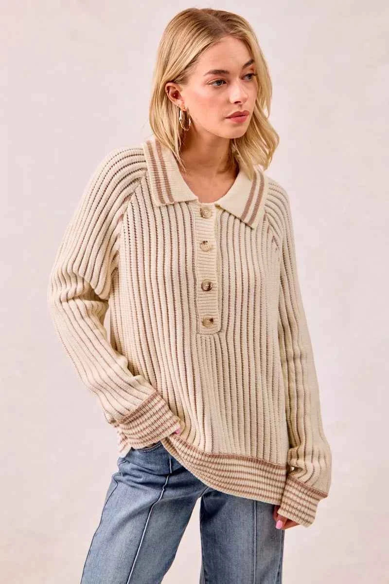 BiBi Half Button Ribbed Two Tone Sweater 2bf75c16bf2742909b2b6f6740684bab-Max-Origin