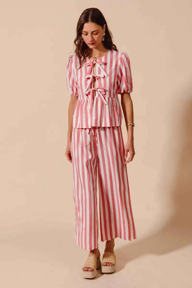 SO ME Front Tie Stripe Top With Puff Sleeves and Wide Leg Pants Set 2c176427cd9f484f8a008aefa47965fd-Max-Origin