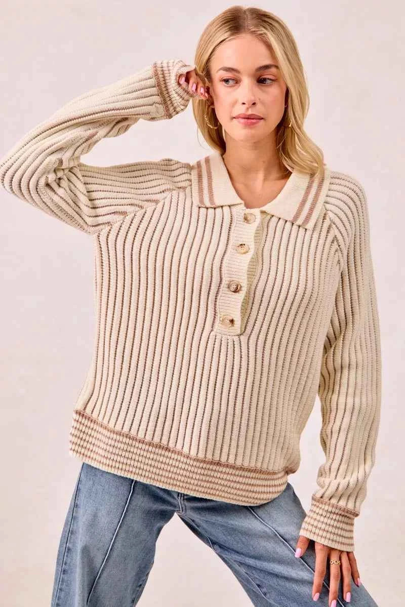 BiBi Half Button Ribbed Two Tone Sweater 2c2271382c7541d5bbef24aa541c959a-Max-Origin