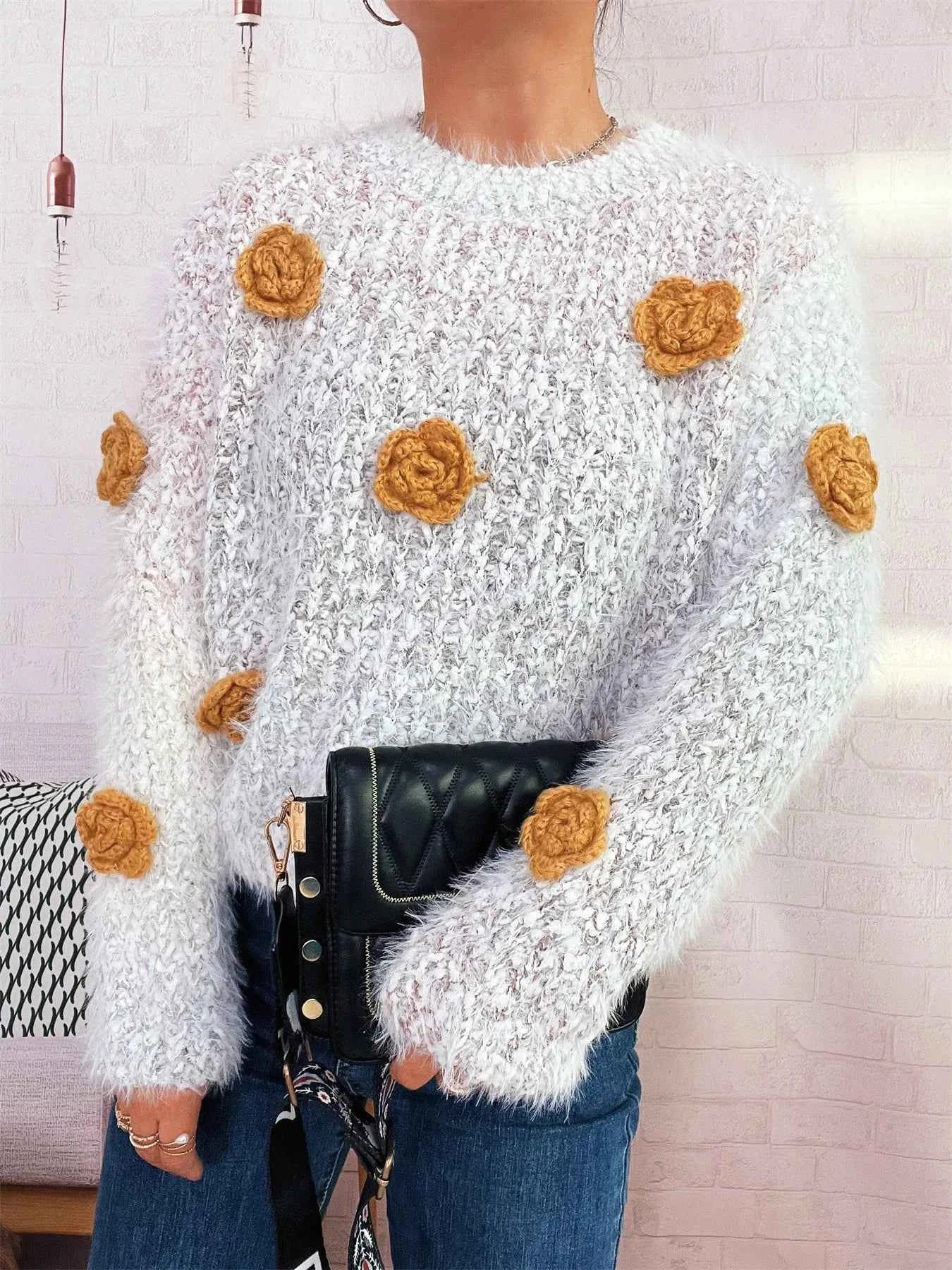 Flower Embellished Round Neck Sweater Apricot One Size 2c3727bbbf384fdf9fc05f8355f75611-Max-Origin