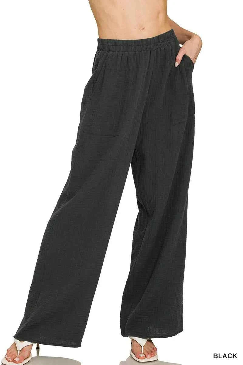 Zenana Double Gauze Elastic Band Pants BLACK 2c37744b8c074acabb70e3b9146a004b-Max-Origin