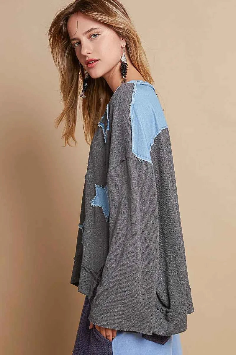 POL Exposed Seam Relaxed Fit Sweater with Star Denim Patch 2c4bf7c2-9824-4fb0-b4e7-917ea35ee3ee-Max-Origin