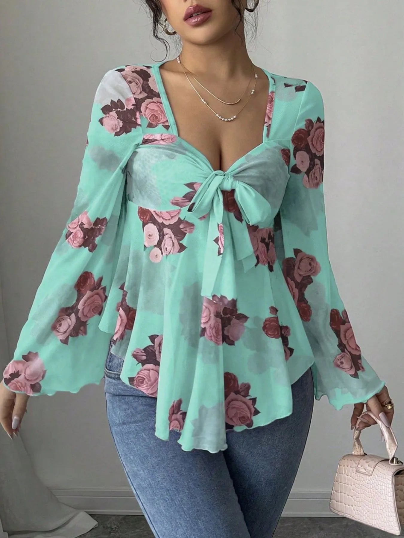 Floral Tie Front Flare Sleeve Blouse Cyan 2c5db93b-2f6a-428e-939e-10f3e3ee648a-Max-Origin