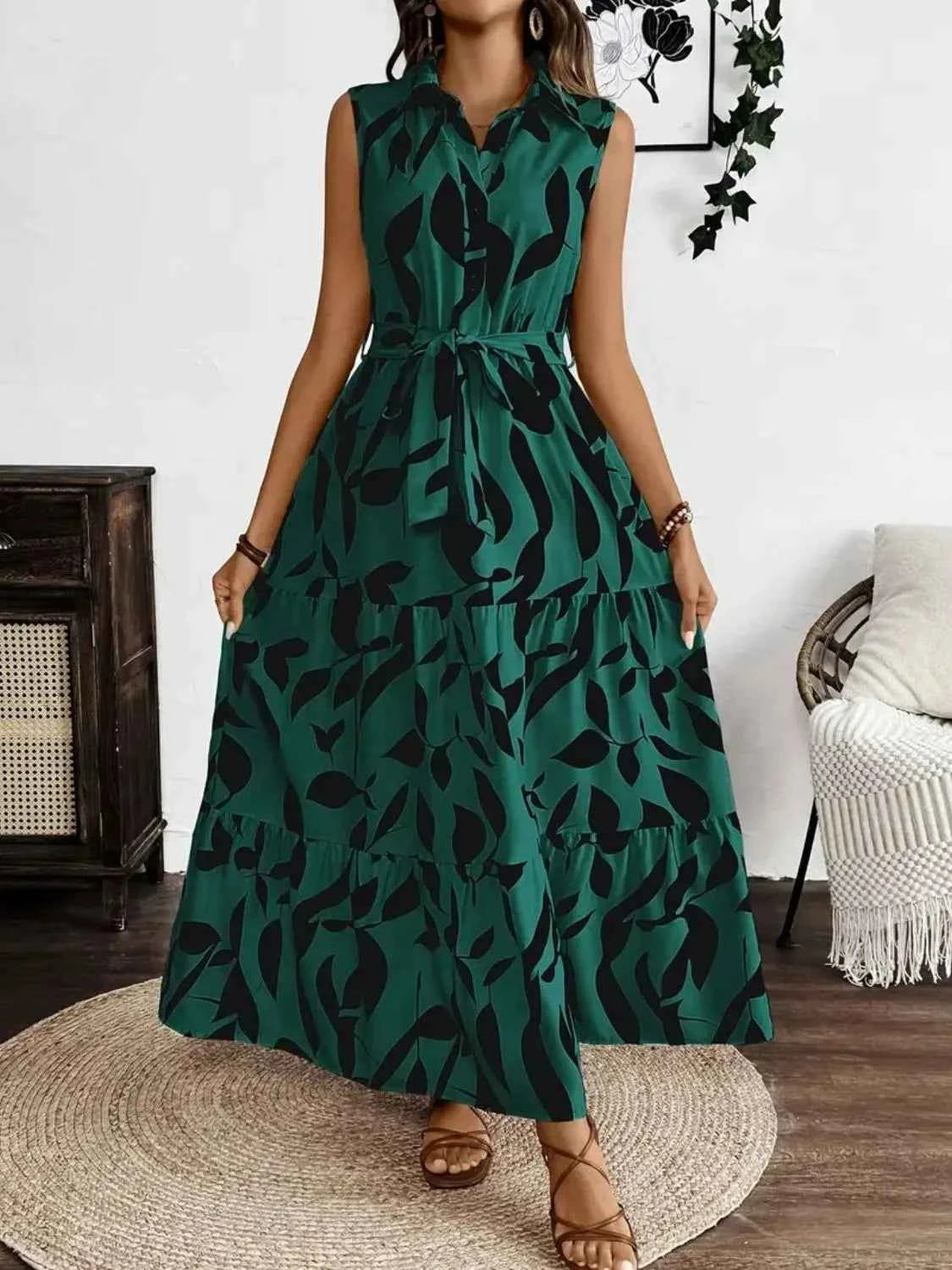 Printed Tie Waist Sleeveless Maxi Dress Dark Green 2c6d945e-6dc4-4465-9cc7-a0ce2ae21381-Max-Origin