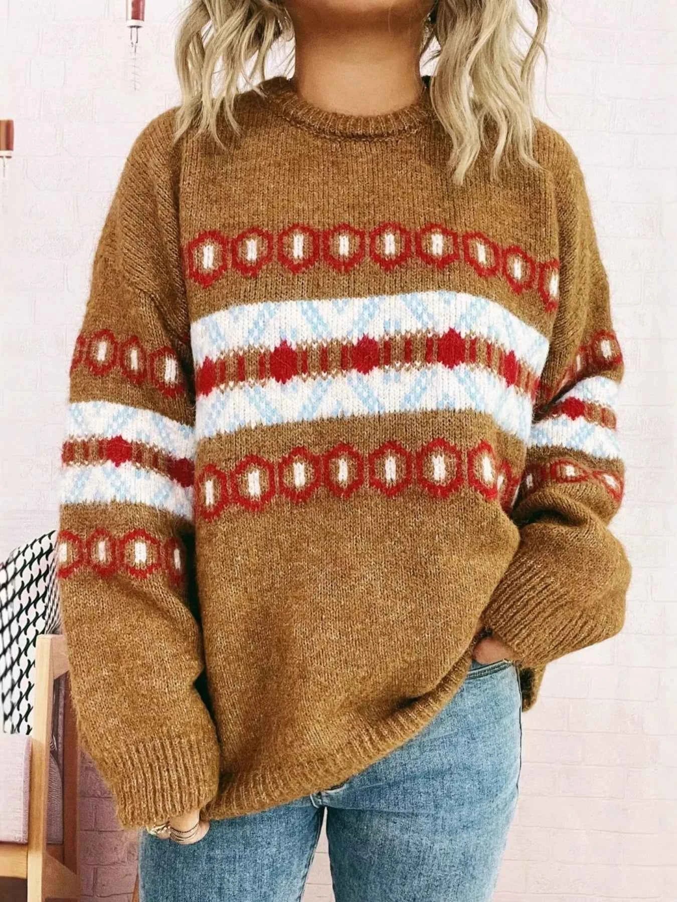 Contrast Round Neck Drop Shoulder Sweater Khaki One Size 2c73b1f13eb0483fa0d48bd352b275f4-Max-Origin