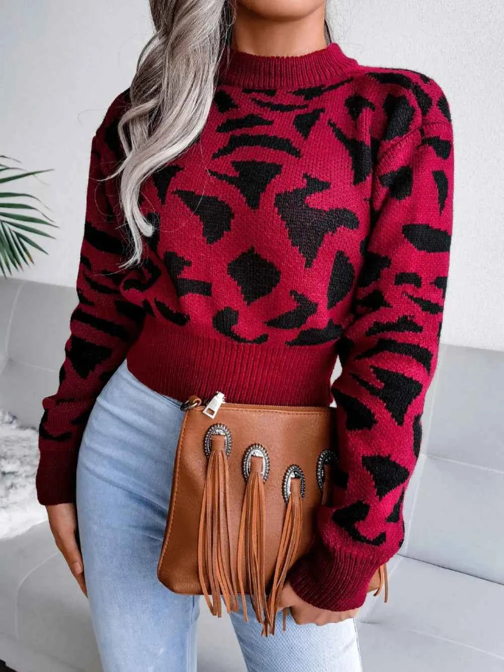Leopard Round Neck Dropped Shoulder Sweater Rust 2c7f670c-b1c0-4eb7-9f91-4e0e2cd69ad3-Max