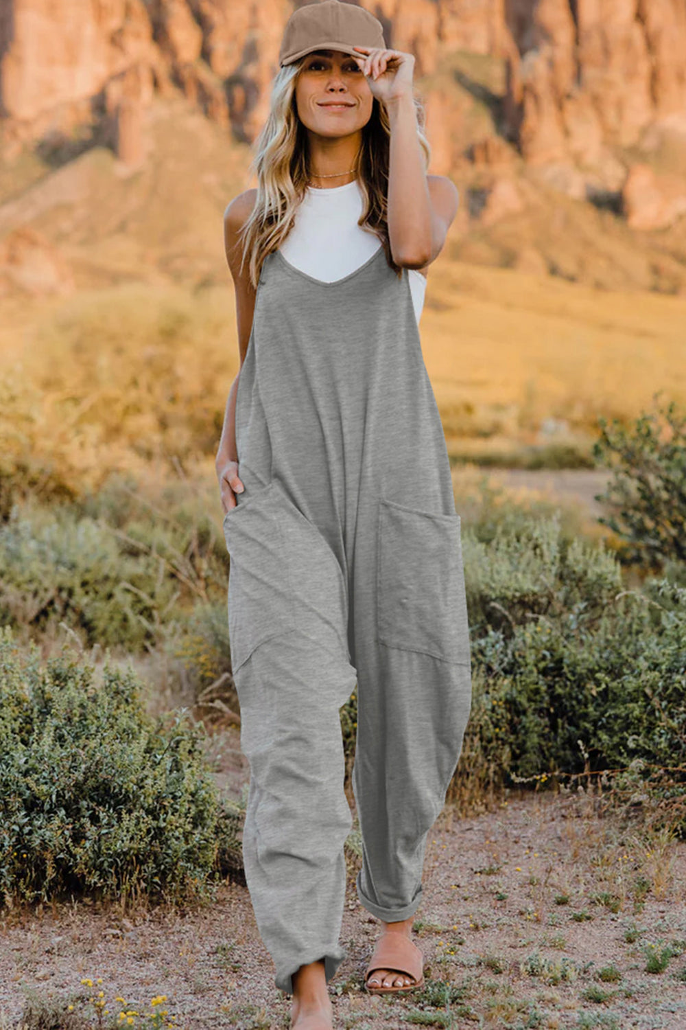 Double Take Full Size V-Neck Sleeveless Jumpsuit with Pockets Light Gray 2c83aa6a351b46afa124ff6ed462abc9-Max