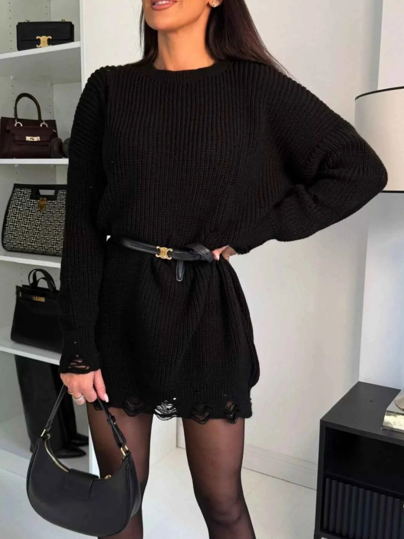 Distressed Round Neck Drop Shoulder Sweater Dress 2c91c57b-34b8-422d-b313-61a13e6e492d-Max-Origin