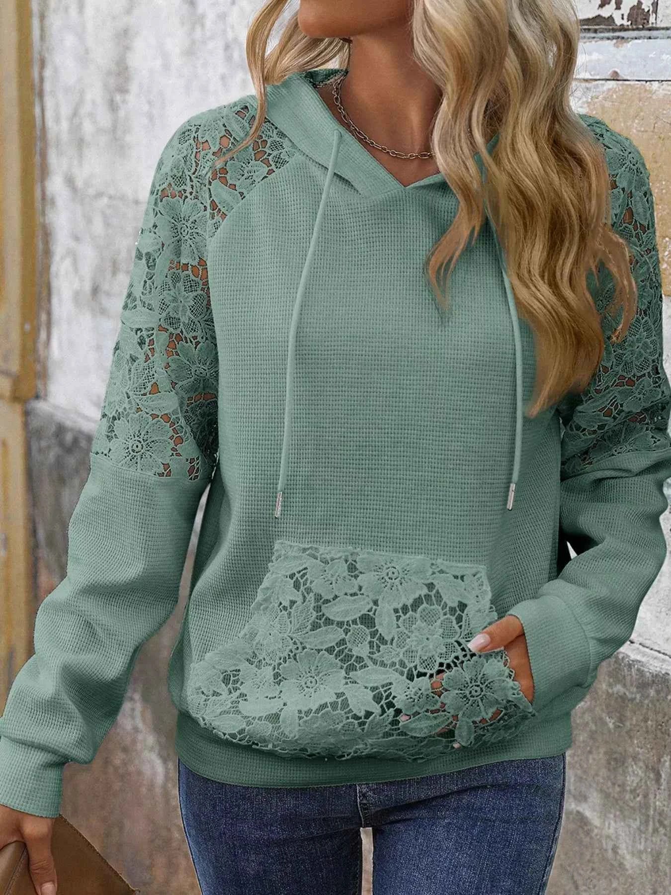 Lace Detail Drawstring Long Sleeve Hoodie Sage 2cafd15c-e9df-4764-9221-ceb0aea190c2-Max-Origin