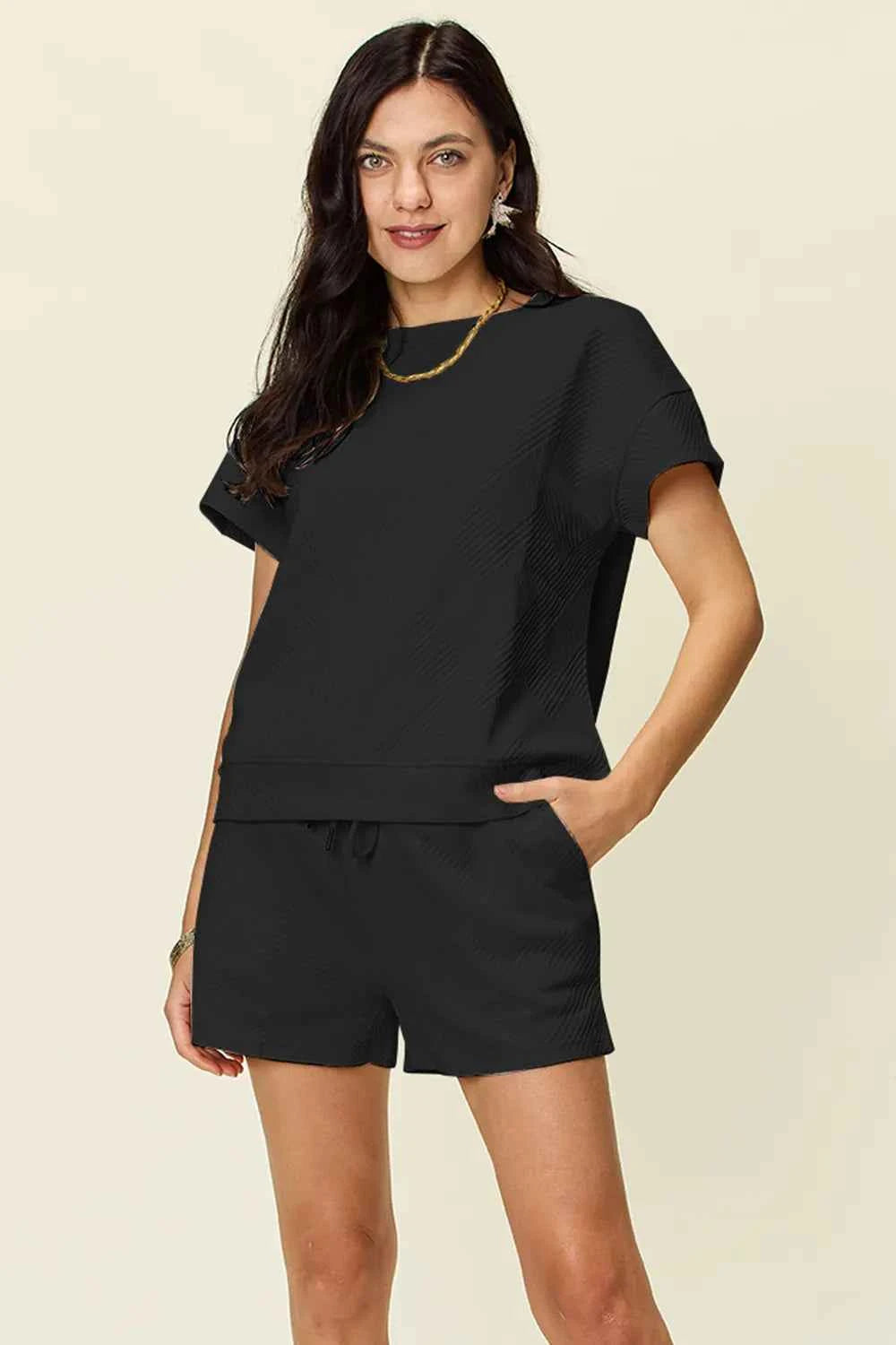 Double Take Full Size Texture Short Sleeve T-Shirt and Drawstring Shorts Set Black 2cd51259-fa10-4691-b061-eb74854b549b-Max