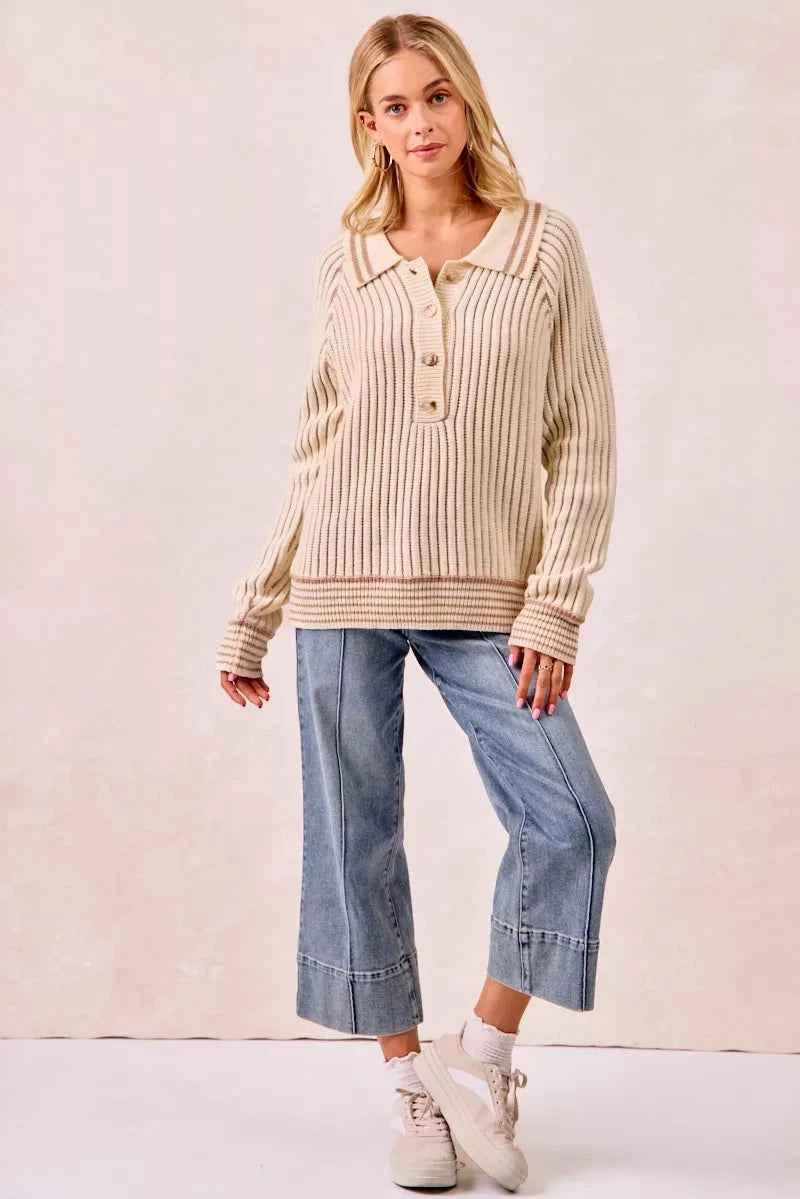 BiBi Half Button Ribbed Two Tone Sweater 2ce65ae91e4c41c7a78164bf28656a0b-Max-Origin