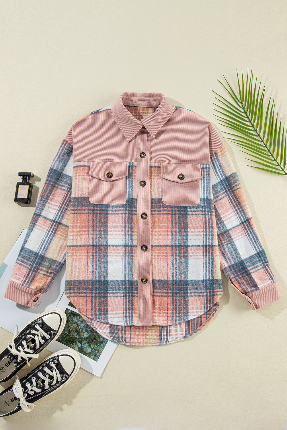 Cinnamon Plaid Corduroy Patchwork Pocket Loose Shacket 2cfa9e4858535ec6