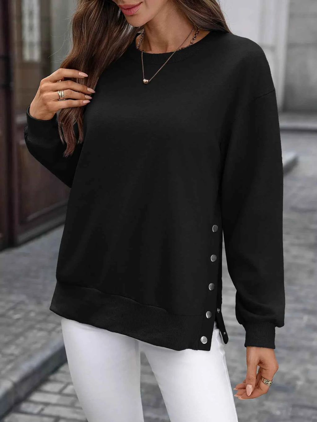 Side Snap Round Neck Sweatshirt 2cfc8cb1-5802-4af4-a5df-2bfbc2332fb6-Max-Origin