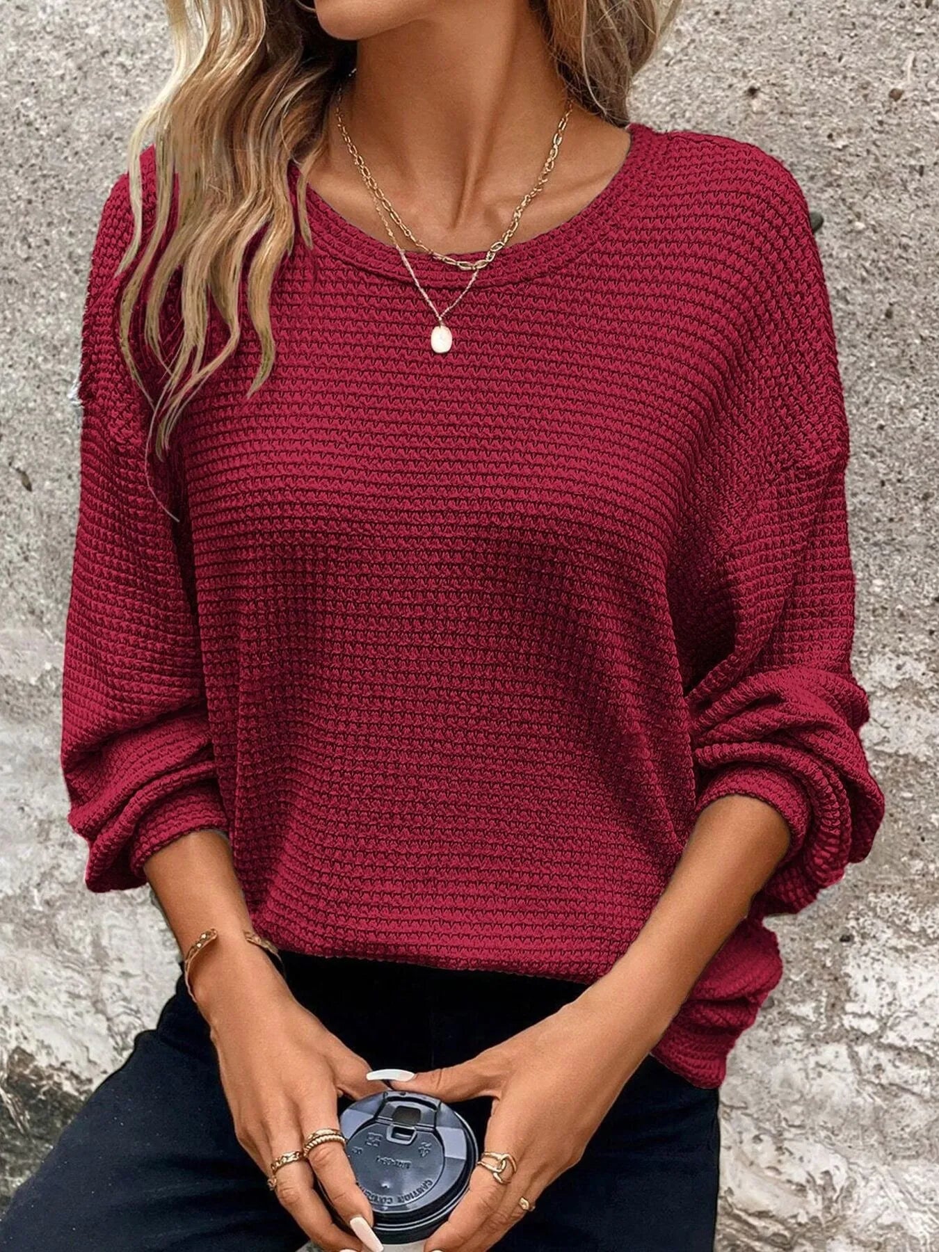 Plus Size Relaxed Fit Waffle Knit Round Neck T-Shirt Burgundy 2d07817306754d85a70876503502ecfb-Max-Origin