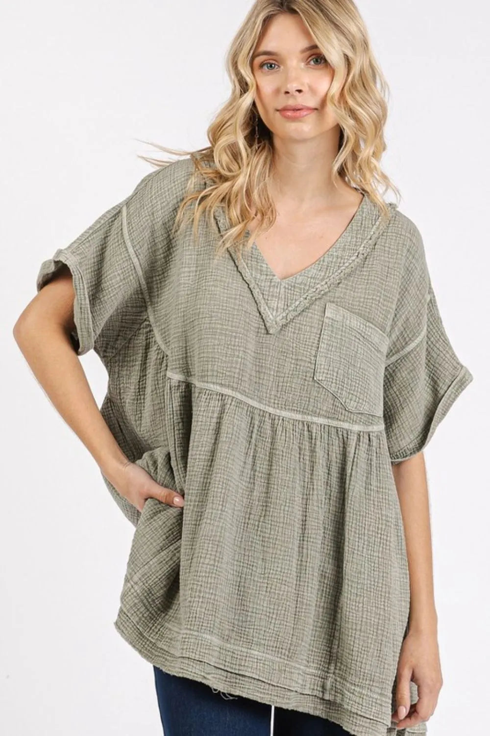 Mittoshop Mineral Wash Gauze Babydoll V-Neck Oversized Blouse Lt Olive 2d16b604-0b40-4e7e-a013-27d535270f93-Max