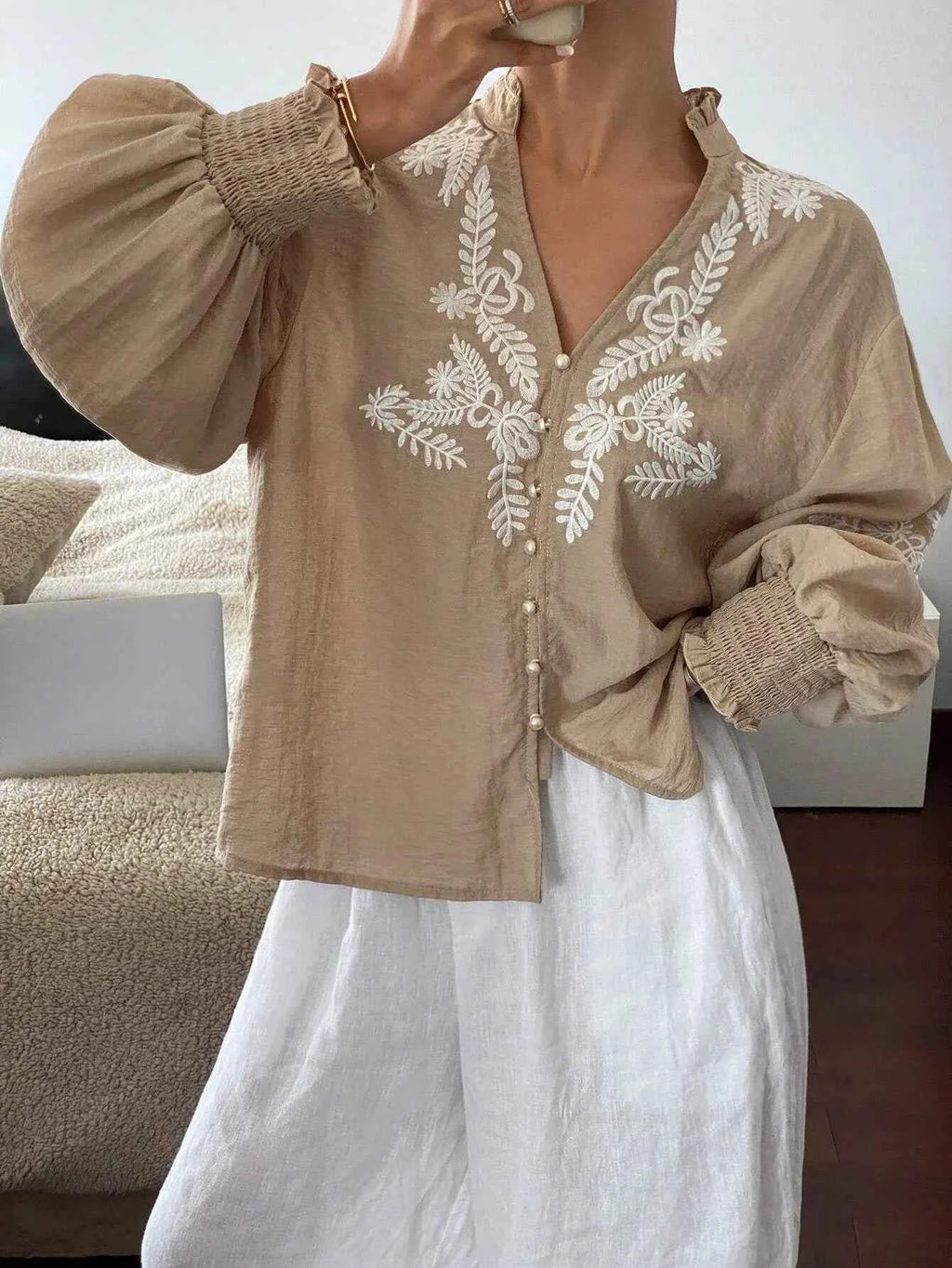 Embroidered Lantern Sleeve Blouse Apricot 2d1700dd5dd144d981829f9a5dc3ffbc-Max-Origin