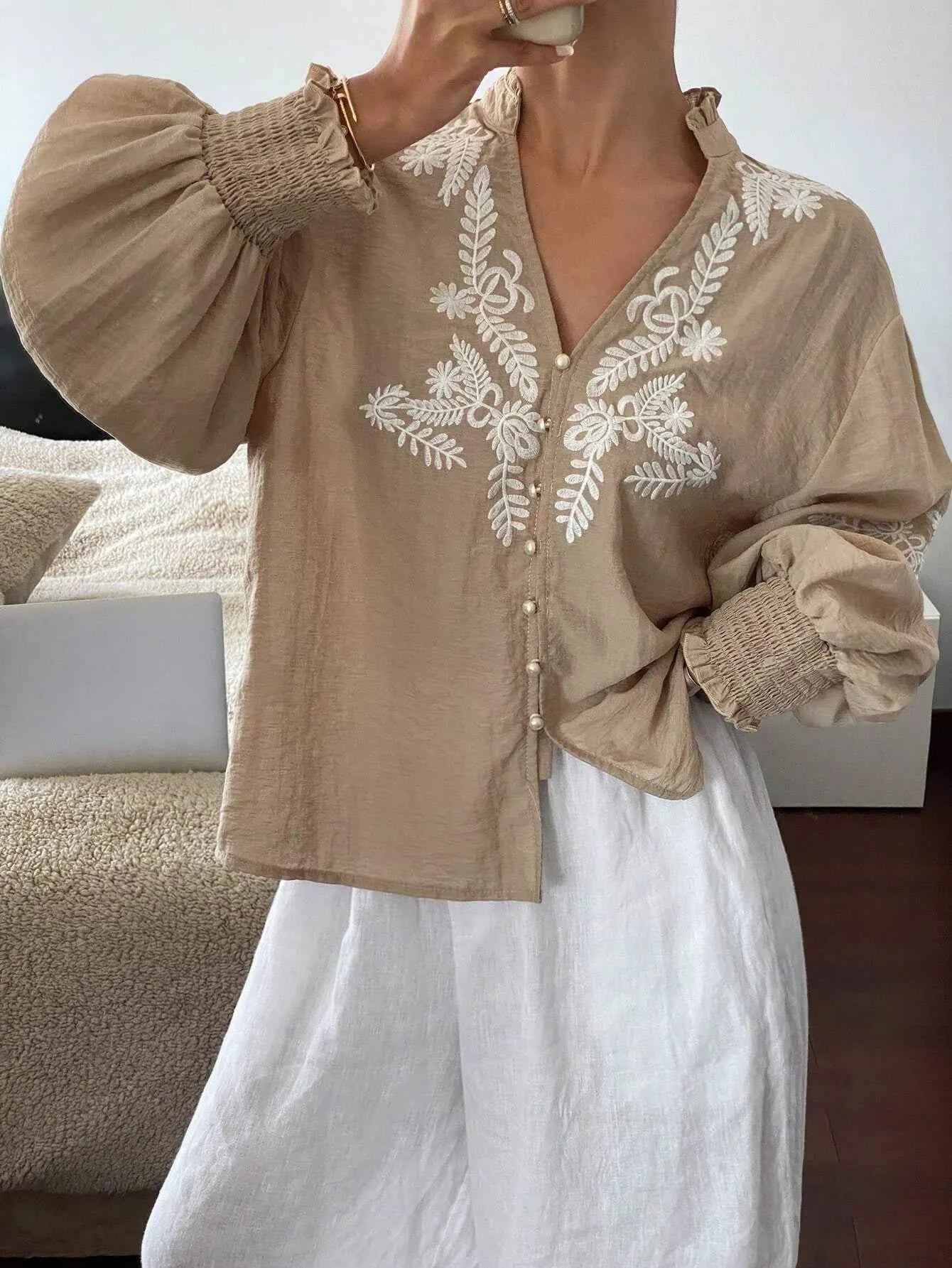 Embroidered Lantern Sleeve Blouse Apricot 2d1700dd5dd144d981829f9a5dc3ffbc-Max-Origin