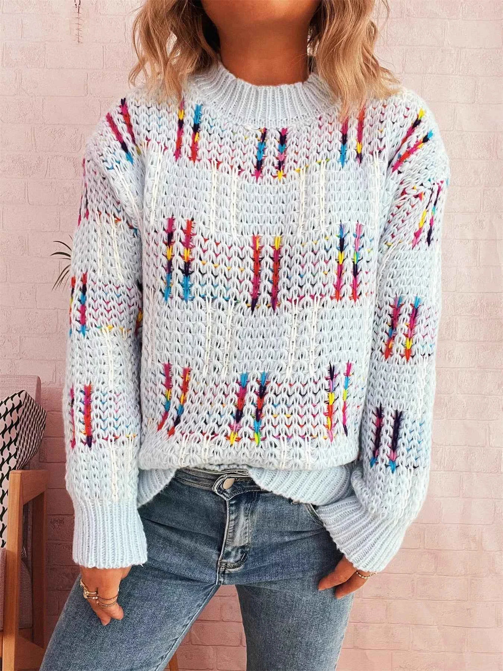 Colorful Round Neck Long Sleeve Sweater 2d1a8d35e99644eeb6bea17985ef7531-Max-Origin