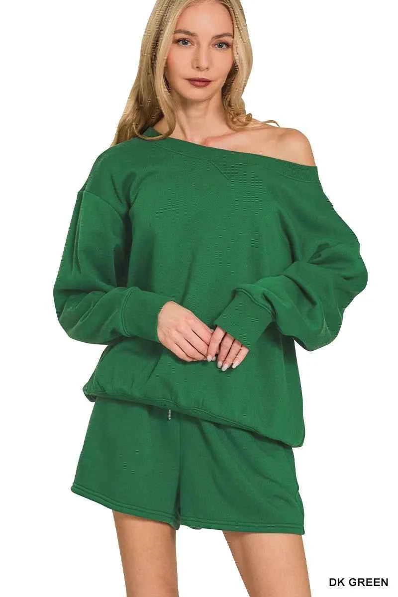 Zenana Fleece Boat Neck Sweatshirt and Shorts Set DK GREEN 2d1fcb134068471392652eb5af96f071-Max-Origin