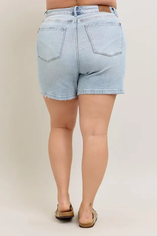 Judy Blue Full Size Frayed Hem High Rise Denim Shorts with Pockets Plus Size 2d21956d-2737-4e76-8af1-f9c279373cbf-Max