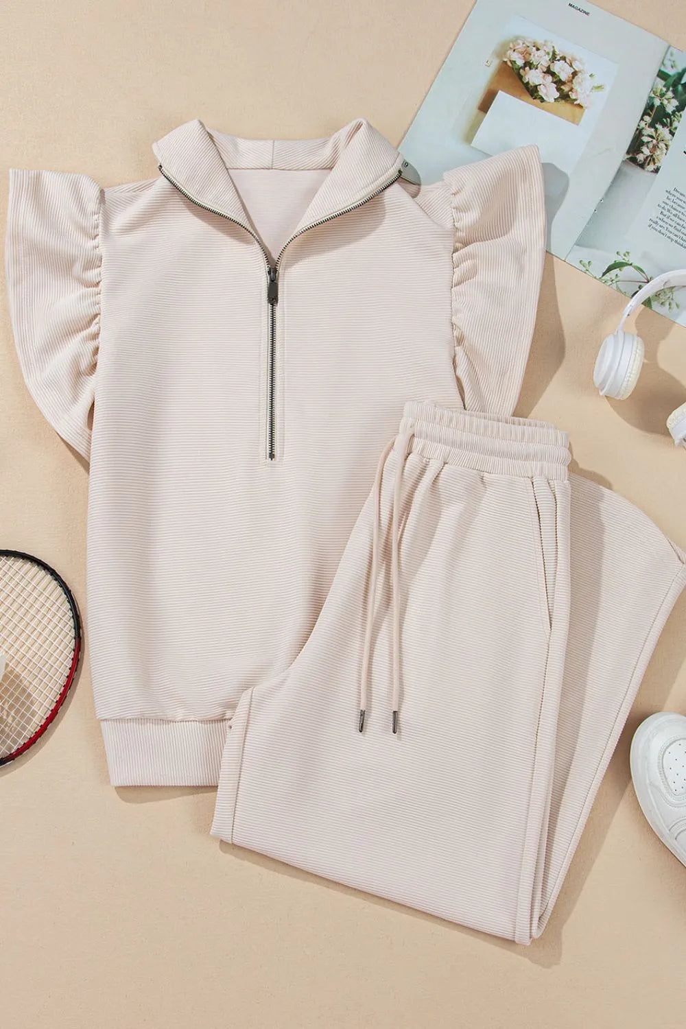 Textured Ruffled Sleeve Zipped Top and Wide Leg Pants Set 2d370c9c-4b40-4859-9373-78f116107842-Max-Origin