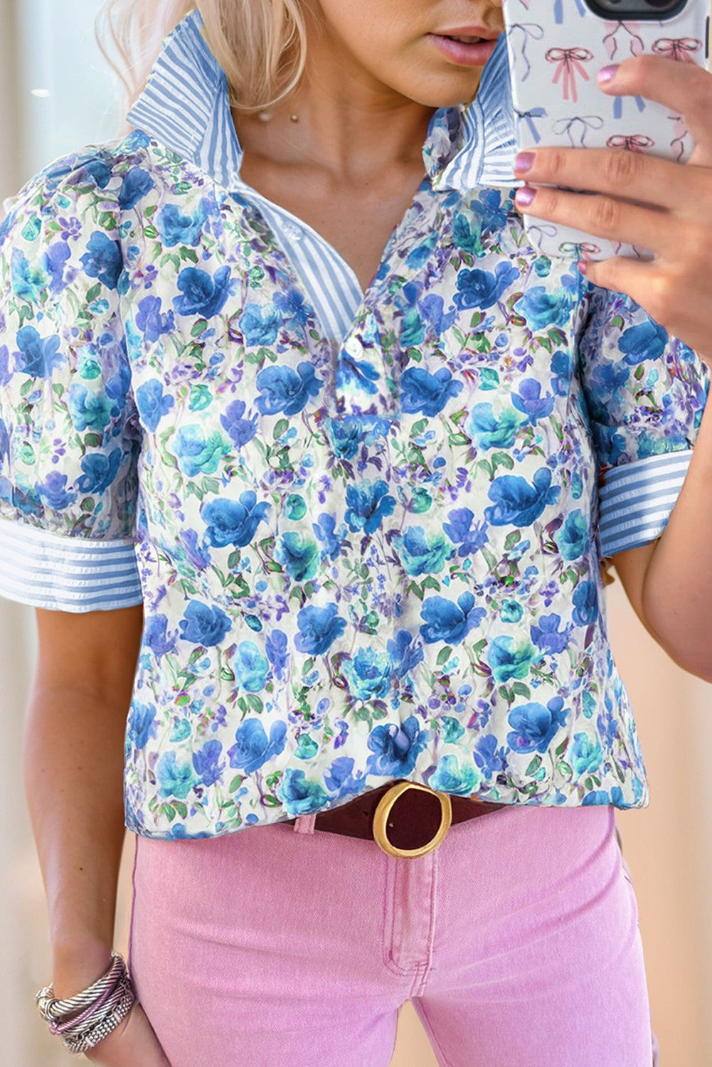 Sky Blue Floral Print Striped Patchwork Collared Blouse Sky Blue 2d462d54e0d228c4