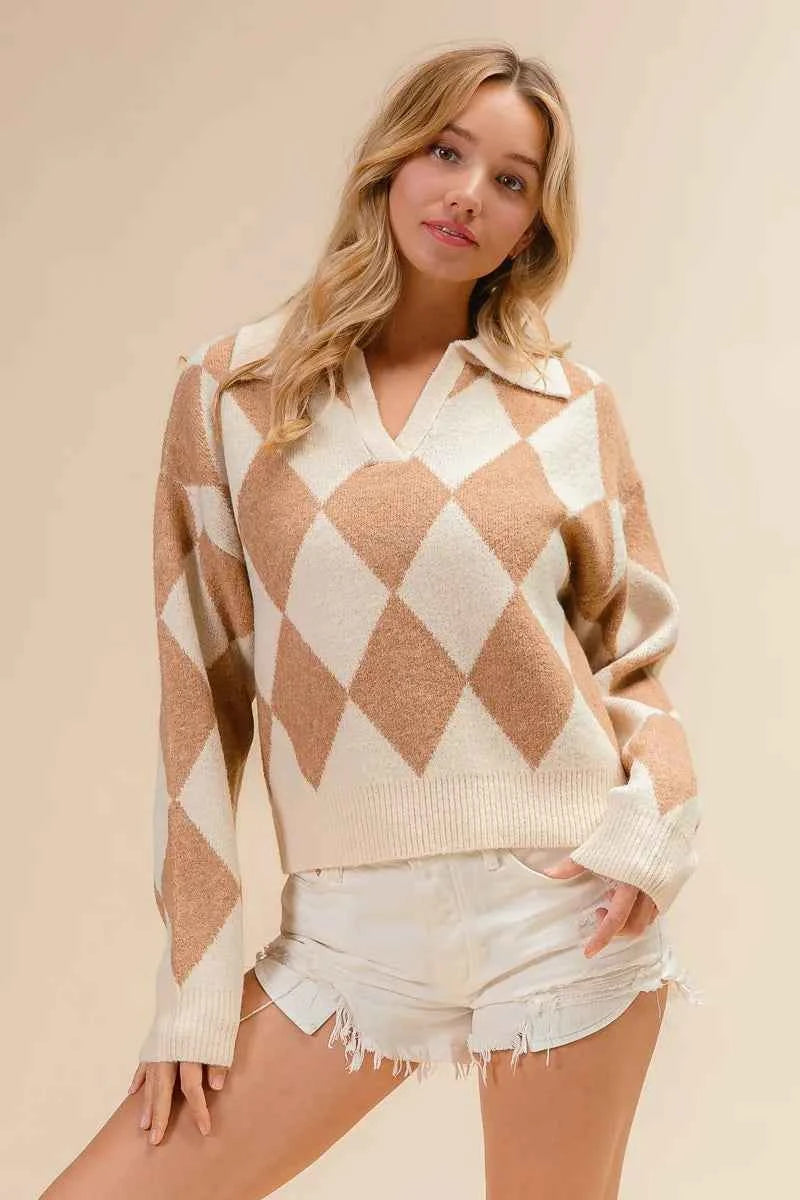 BiBi Diamond Pattern Collared Notch Neck Sweater 2d4b513d28bc4cdb87734a8cd37089d4-Max-Origin