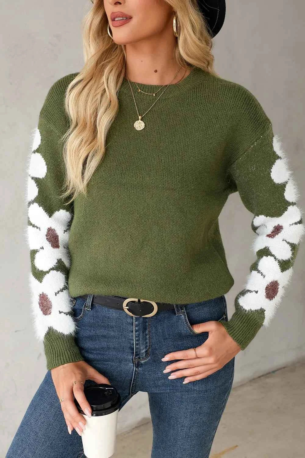Flower Round Neck Long Sleeve Sweater Moss 2d5ebf37-b997-42ec-8b17-7e978d8b222b-Max