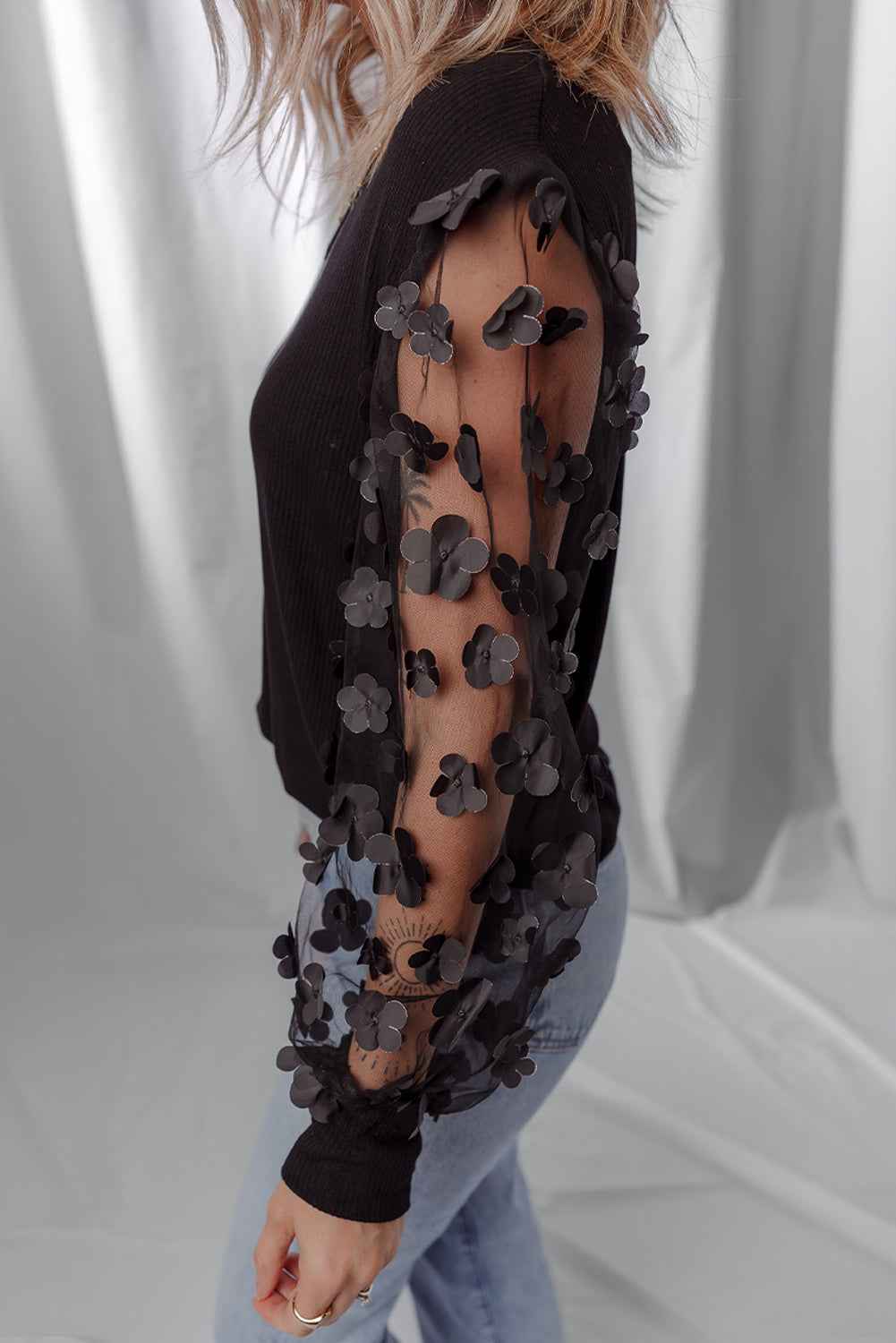 Black Flower Applique Mesh Long Sleeve V Neck Top 2d7fc813c2907f05