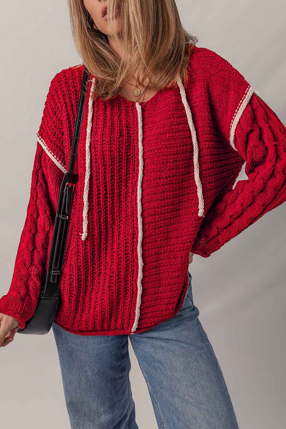 Racing Red Contrast Trim Textured Knit Drawstring Hooded Sweater 2d8ce2b82eec5d28