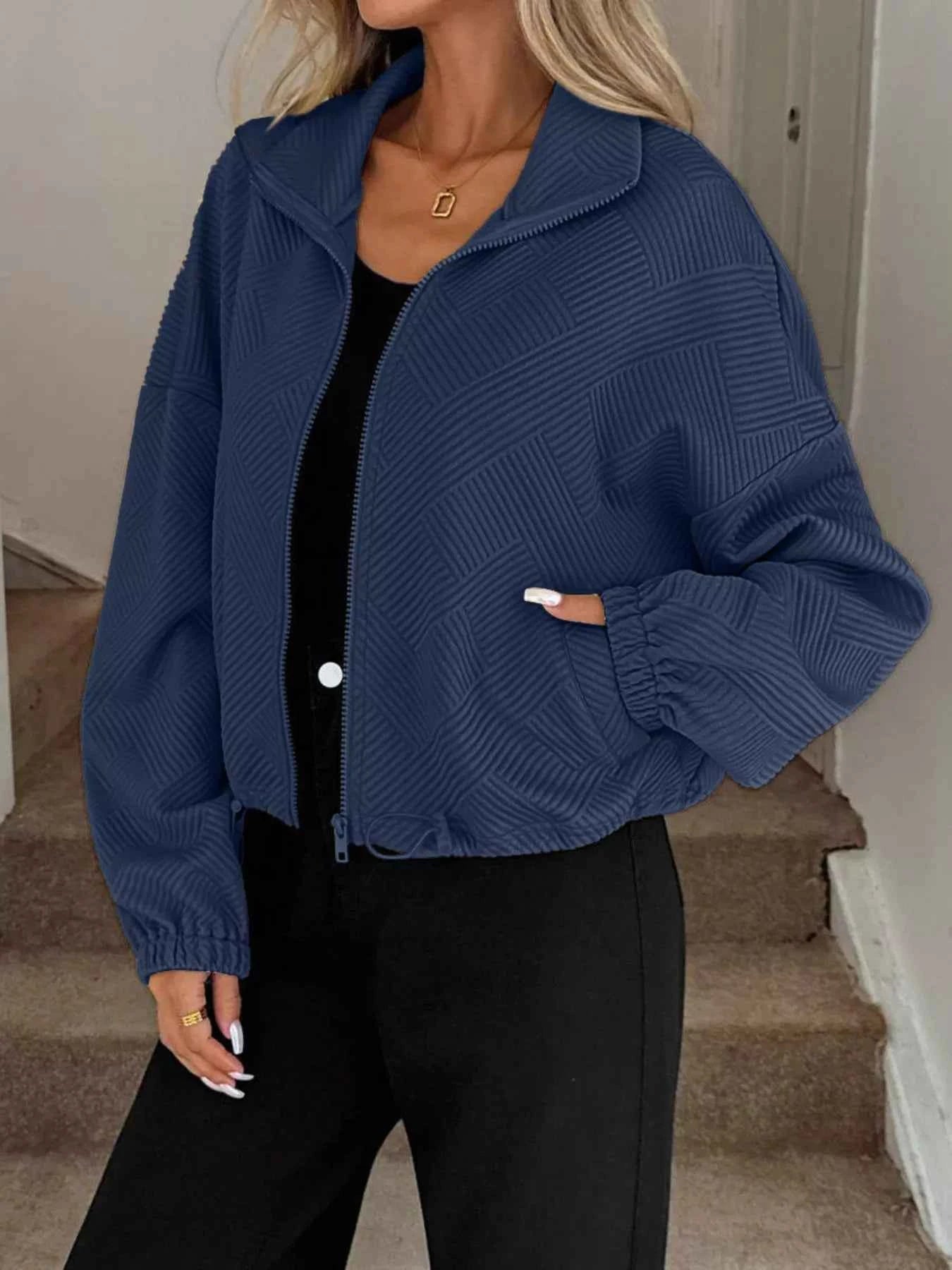 Drawstring Hem Textured Long Sleeve Jacket 2d9adc4b6a2c43ec8747b59429537996-Max-Origin