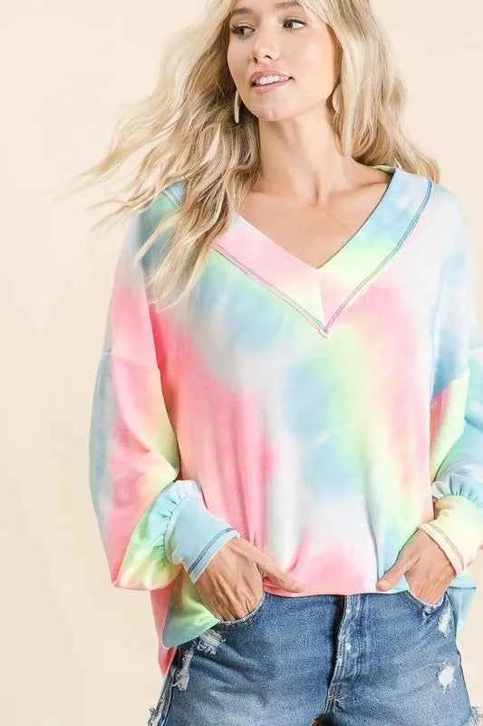 BiBi Tie Dye French Terry V-Neck Top with Puff Sleeves 2dadd682d17d459c991f320550dcffc5-Max-Origin