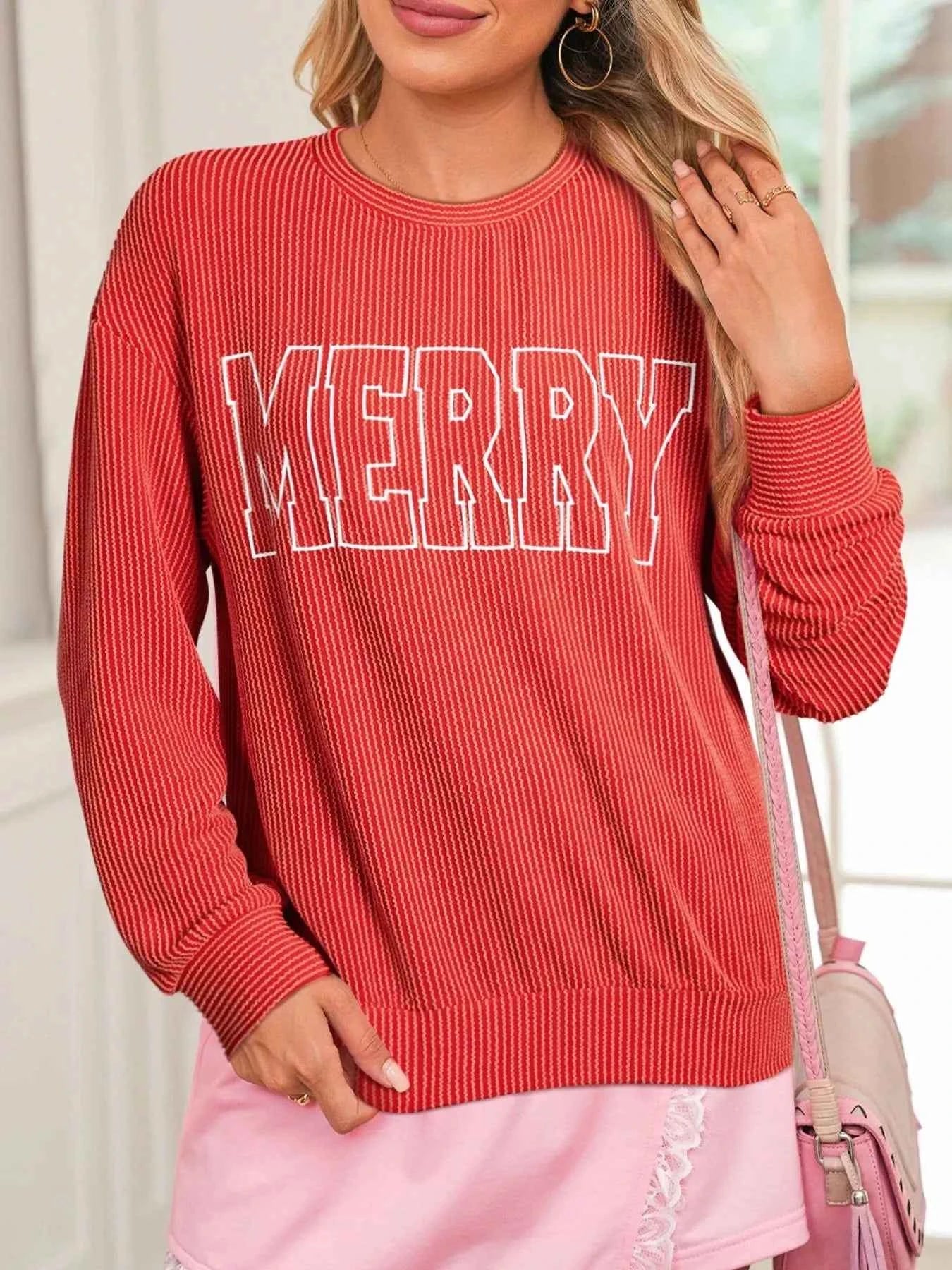 Merry Twisted Rib Christmas Loose Long Sleeve Top Red 2dc10b26-164c-4fef-a626-cf87ce30edf1-Max-Origin