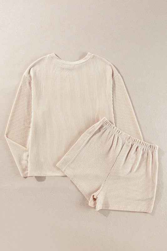 Corded Knit Long Sleeve Top and Shorts Set 2dc3da05-a903-485a-b943-c385695deede