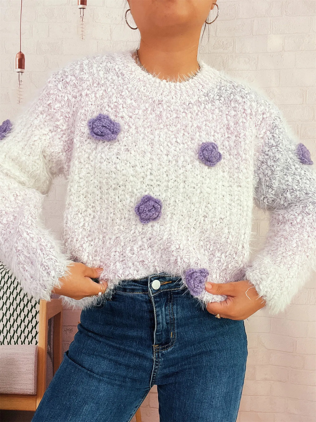 Flower Embellished Round Neck Sweater 2dcd7fea17df43e3bcefec258c3bda68-Max-Origin