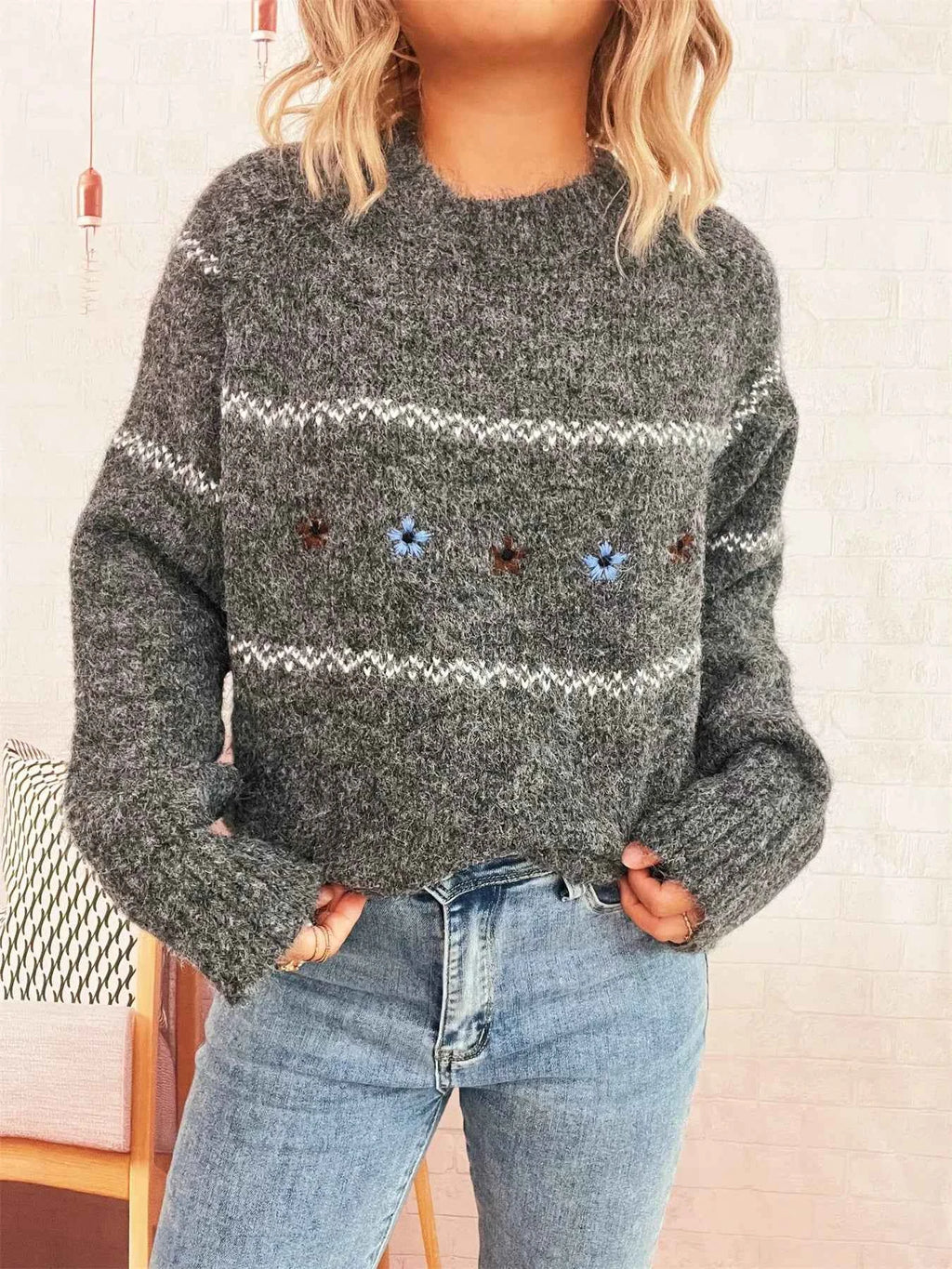 Ribbed Hem Flower Long Sleeve Sweater 2dd11cd3b3c340a6a0cc09f9c43b122e-Max-Origin