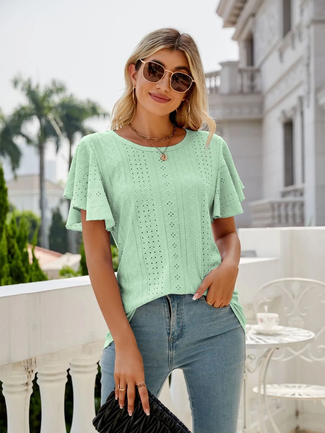 Eyelet Round Neck Flutter Sleeve T-Shirt 2de8a6e8-f58f-47a9-b89e-5ee919603376-Max-Origin